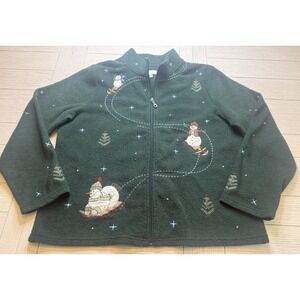 Christopher & Banks Women's Sz XL Green Snowman Sled‎ Full Zip Cardigan Fleece